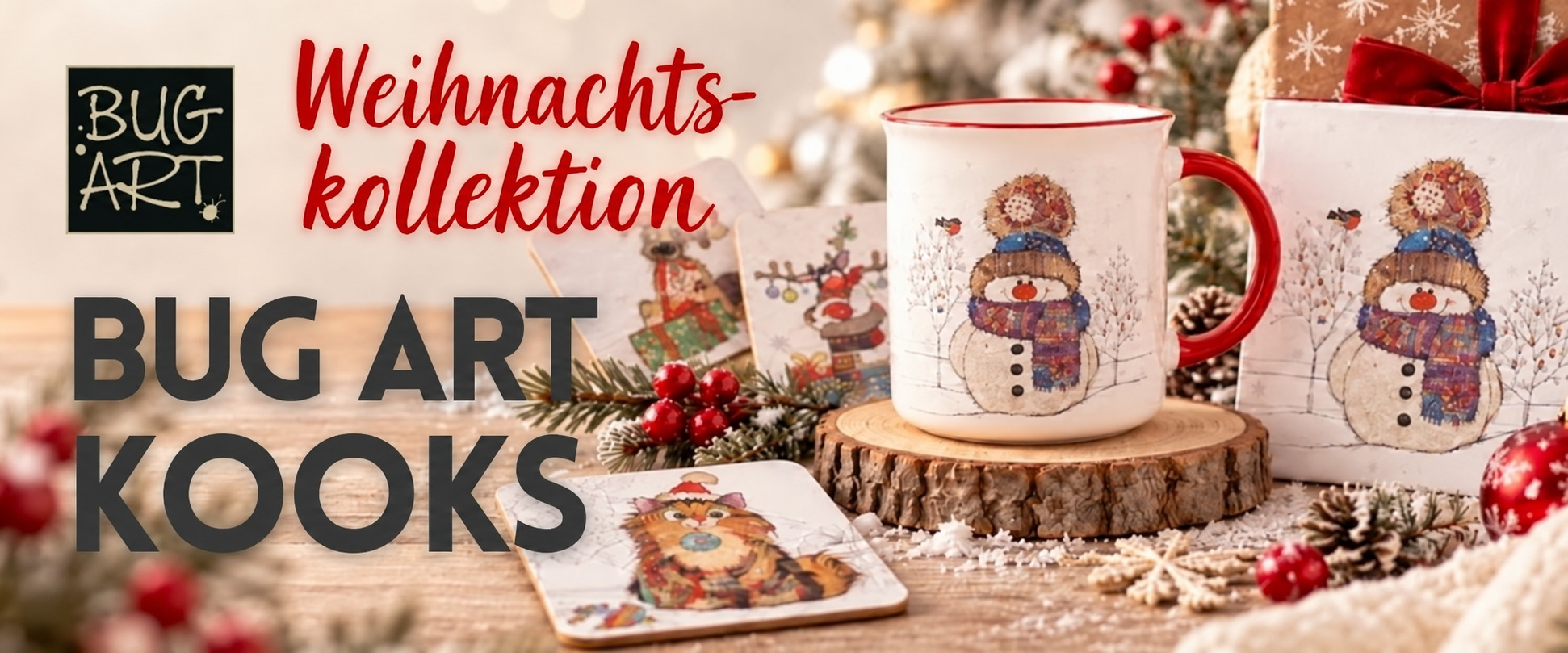 BUG ART KOOKS Weihnachtskollektion – Schneemann-Tasse, Servietten und Untersetzer